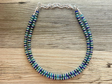 Load image into Gallery viewer, Jewel Tones + Silver Chunky Statement Necklace, Blue beaded jewelry, Double Strand Statement Necklace, light dark blue green chunky jewelry