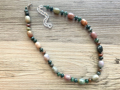 Polished Indian Agate GemStone Necklace green pink mauve brown, silver statement necklace jewelry, long beaded statement layering necklace