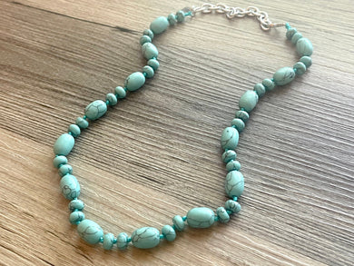 Polished Turquoise GemStone Necklace green blue stone, silver statement necklace jewelry, long beaded statement layering necklace