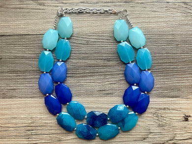 Blue Ombre Water Statement Necklace, Royal Blue Teal Aqua Necklace, blue jewelry, double strand chunky beaded bib necklace