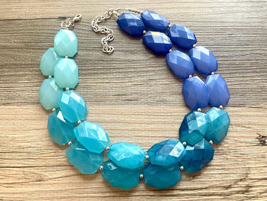 Blue Wave Ocean Ombre Water Statement Necklace, Royal Blue Teal Aqua Necklace, blue jewelry, double strand chunky beaded bib necklace