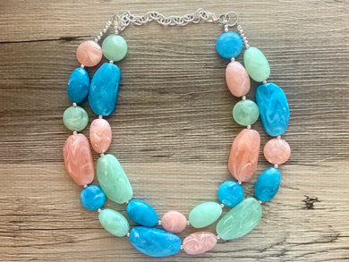 Charleston Statement Necklace, Silver peach aqua winter mint green necklace, beaded chunky bib necklace, colorful island jewelry