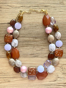 Lilac Carousel double strand OOAK statement Necklace, Purple Pink Brown Necklace, summer gold jewelry lavender mocha chocolate