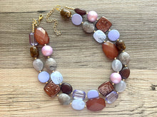 Load image into Gallery viewer, Lilac Carousel double strand OOAK statement Necklace, Purple Pink Brown Necklace, summer gold jewelry lavender mocha chocolate