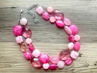 Pink Ombré statement necklace, chunky bib necklace, beaded jewelry hot pink necklace, double strand magenta jewelry blush magenta