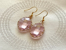 Load image into Gallery viewer, Gorgeous Glass Teardrop Earrings, dyed faceted gold formal earrings, dangle drop gold rhinestone earrings, black marigold black emerald