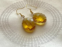 Load image into Gallery viewer, Gorgeous Glass Teardrop Earrings, dyed faceted gold formal earrings, dangle drop gold rhinestone earrings, black marigold black emerald