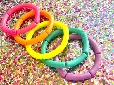 Happy Day Rainbow Stretch Bracelets, Elbow Bead Bracelets, hot pink orange neon yellow green purple jewelry, stretch stacking bracelets