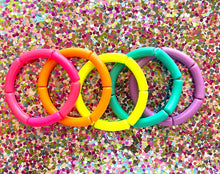 Load image into Gallery viewer, Happy Day Rainbow Stretch Bracelets, Elbow Bead Bracelets, hot pink orange neon yellow green purple jewelry, stretch stacking bracelets