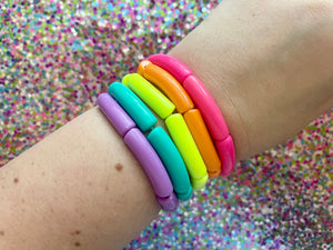 Happy Day Rainbow Stretch Bracelets, Elbow Bead Bracelets, hot pink orange neon yellow green purple jewelry, stretch stacking bracelets