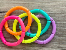 Load image into Gallery viewer, Happy Day Rainbow Stretch Bracelets, Elbow Bead Bracelets, hot pink orange neon yellow green purple jewelry, stretch stacking bracelets