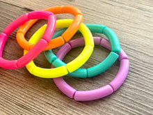 Load image into Gallery viewer, Happy Day Rainbow Stretch Bracelets, Elbow Bead Bracelets, hot pink orange neon yellow green purple jewelry, stretch stacking bracelets