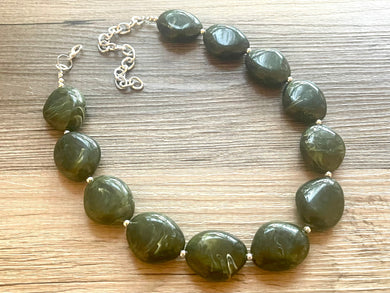 Olive Green Chunky Statement Necklace, Big beaded jewelry, Single Strand Statement Necklace, Bib necklace, green bridesmaid wedding, praline