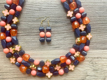 Load image into Gallery viewer, Fiesta Coral Big Bead Necklace, 3 Strand Statement Jewelry, dark blue Chunky bib bridesmaid everyday jewelry peach beaded navy blue