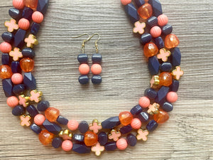 Fiesta Coral Big Bead Necklace, 3 Strand Statement Jewelry, dark blue Chunky bib bridesmaid everyday jewelry peach beaded navy blue