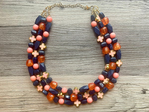 Fiesta Coral Big Bead Necklace, 3 Strand Statement Jewelry, dark blue Chunky bib bridesmaid everyday jewelry peach beaded navy blue