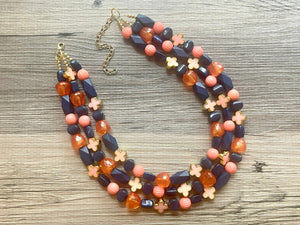 Fiesta Coral Big Bead Necklace, 3 Strand Statement Jewelry, dark blue Chunky bib bridesmaid everyday jewelry peach beaded navy blue