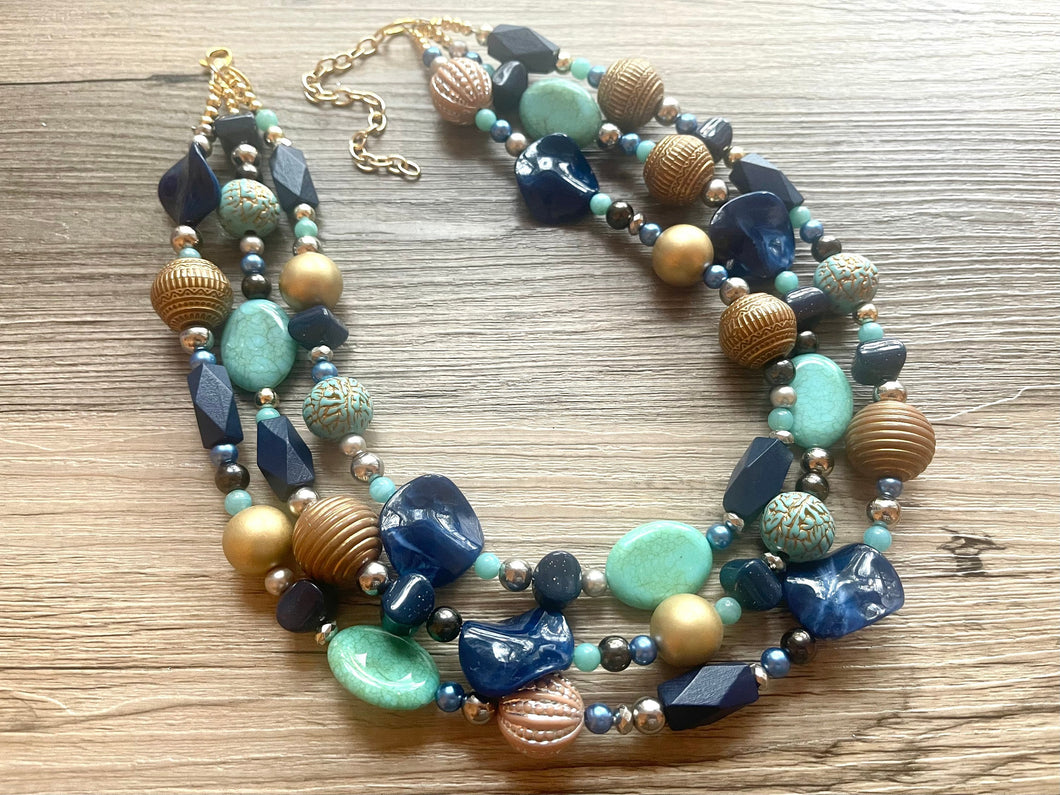 Royal Engagement Chunky Statement Necklace, gold bib necklace, tan champagne blue green, wedding bridesmaid chunky neutral