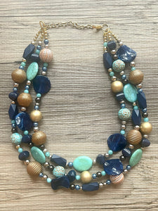 Royal Engagement Chunky Statement Necklace, gold bib necklace, tan champagne blue green, wedding bridesmaid chunky neutral