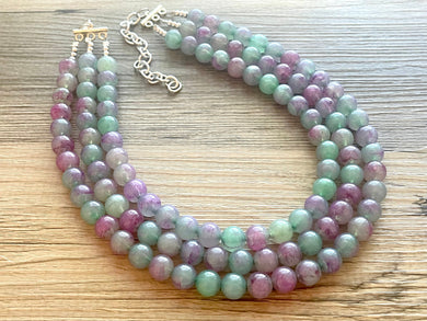 Watercolor Green & Pink Beaded Statement Necklace, Chunky Bib hot pink Multi-Strand Jewelry, pink jewelry mint green white silver balls