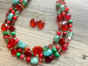 Christmas Jewelry Set, Red Green Gold Holiday Necklace Earrings Bracelet Jewelry, Red Green Jewelry, Beaded Christmas Gift Present