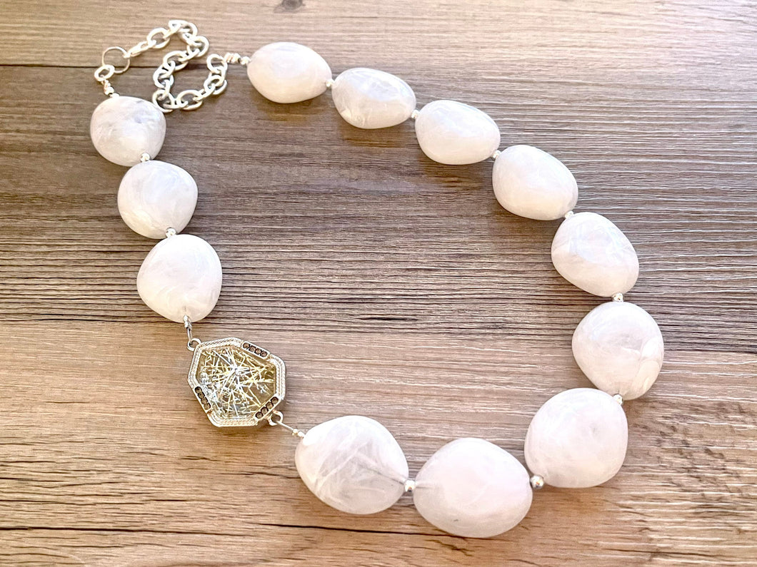 Creamy White Bubble long necklace, Confetti Glitter pendant white acrylic beaded statement necklace, everyday cream chunky layering necklace