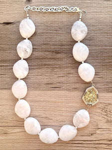 Creamy White Bubble long necklace, Confetti Glitter pendant white acrylic beaded statement necklace, everyday cream chunky layering necklace