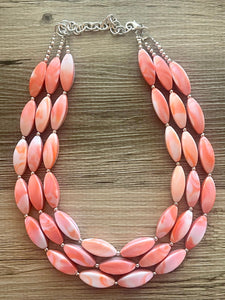 Orange & White Tie Dye beaded statement necklace, triple strand necklace, white neon orange jewelry, big bead jewelry, summer necklace