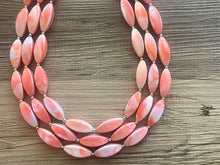 Load image into Gallery viewer, Orange &amp; White Tie Dye beaded statement necklace, triple strand necklace, white neon orange jewelry, big bead jewelry, summer necklace