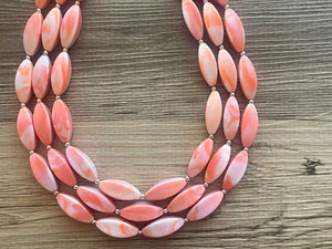 Orange & White Tie Dye beaded statement necklace, triple strand necklace, white neon orange jewelry, big bead jewelry, summer necklace