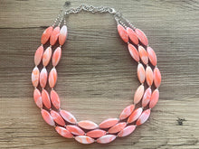 Load image into Gallery viewer, Orange &amp; White Tie Dye beaded statement necklace, triple strand necklace, white neon orange jewelry, big bead jewelry, summer necklace