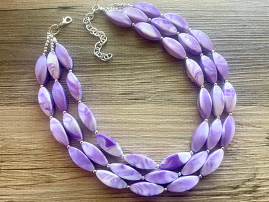 Purple & White Tie Dye beaded statement necklace, triple strand necklace, white purple jewelry, big bead jewelry, summer necklace