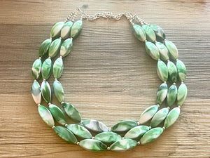 Green & White Tie Dye beaded statement necklace, triple strand necklace, white forest jewelry, big bead jewelry, summer necklace