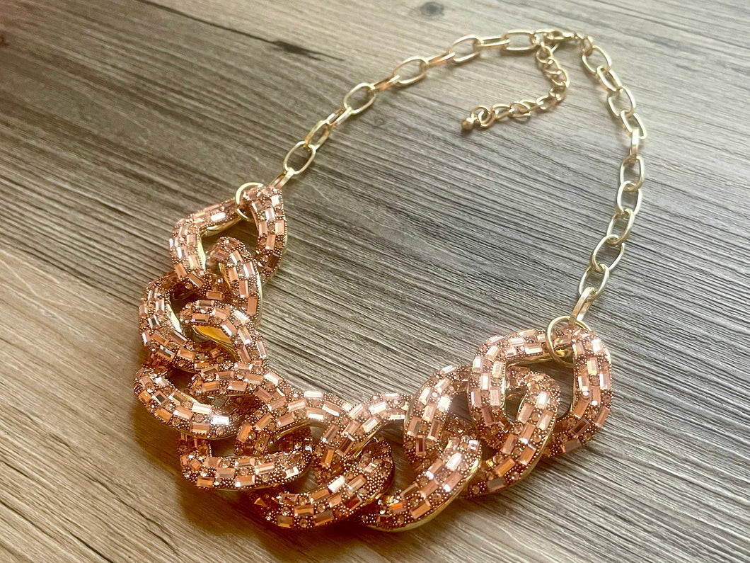 Rosegold rhinestone Linking Chain Choker shirt necklace, stunning elegant pink statement bib necklace, rose gold chain link necklace