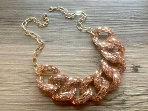 Rosegold rhinestone Linking Chain Choker shirt necklace, stunning elegant pink statement bib necklace, rose gold chain link necklace