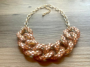 Rosegold rhinestone Linking Chain Choker shirt necklace, stunning elegant pink statement bib necklace, rose gold chain link necklace