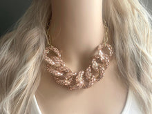 Load image into Gallery viewer, Rosegold rhinestone Linking Chain Choker shirt necklace, stunning elegant pink statement bib necklace, rose gold chain link necklace