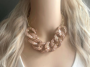 Rosegold rhinestone Linking Chain Choker shirt necklace, stunning elegant pink statement bib necklace, rose gold chain link necklace