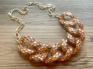 Rosegold rhinestone Linking Chain Choker shirt necklace, stunning elegant pink statement bib necklace, rose gold chain link necklace