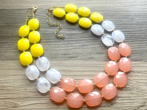 Sunshine & Sunsets Chunky Statement Necklace, coral white yellow beaded necklace, jewelry multi strand necklace pink peach