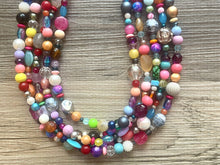 Load image into Gallery viewer, Rainbow Confetti Statement Necklace, chunky multi-strand jewelry, yellow pink colorful necklace, silver jewelry, neon jewelry green Pearl