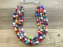 Load image into Gallery viewer, Rainbow Confetti Statement Necklace, chunky multi-strand jewelry, yellow pink colorful necklace, silver jewelry, neon jewelry green Pearl