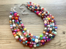 Load image into Gallery viewer, Rainbow Confetti Statement Necklace, chunky multi-strand jewelry, yellow pink colorful necklace, silver jewelry, neon jewelry green Pearl