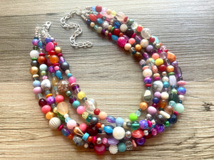 Rainbow Confetti Statement Necklace, chunky multi-strand jewelry, yellow pink colorful necklace, silver jewelry, neon jewelry green Pearl