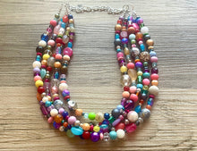 Load image into Gallery viewer, Rainbow Confetti Statement Necklace, chunky multi-strand jewelry, yellow pink colorful necklace, silver jewelry, neon jewelry green Pearl