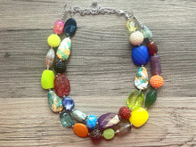 Load image into Gallery viewer, Tokyo Square Rainbow chunky necklace, Wanderlust Collection beaded jewelry, resin beaded Gray necklace, red yellow gray blue turquoise black