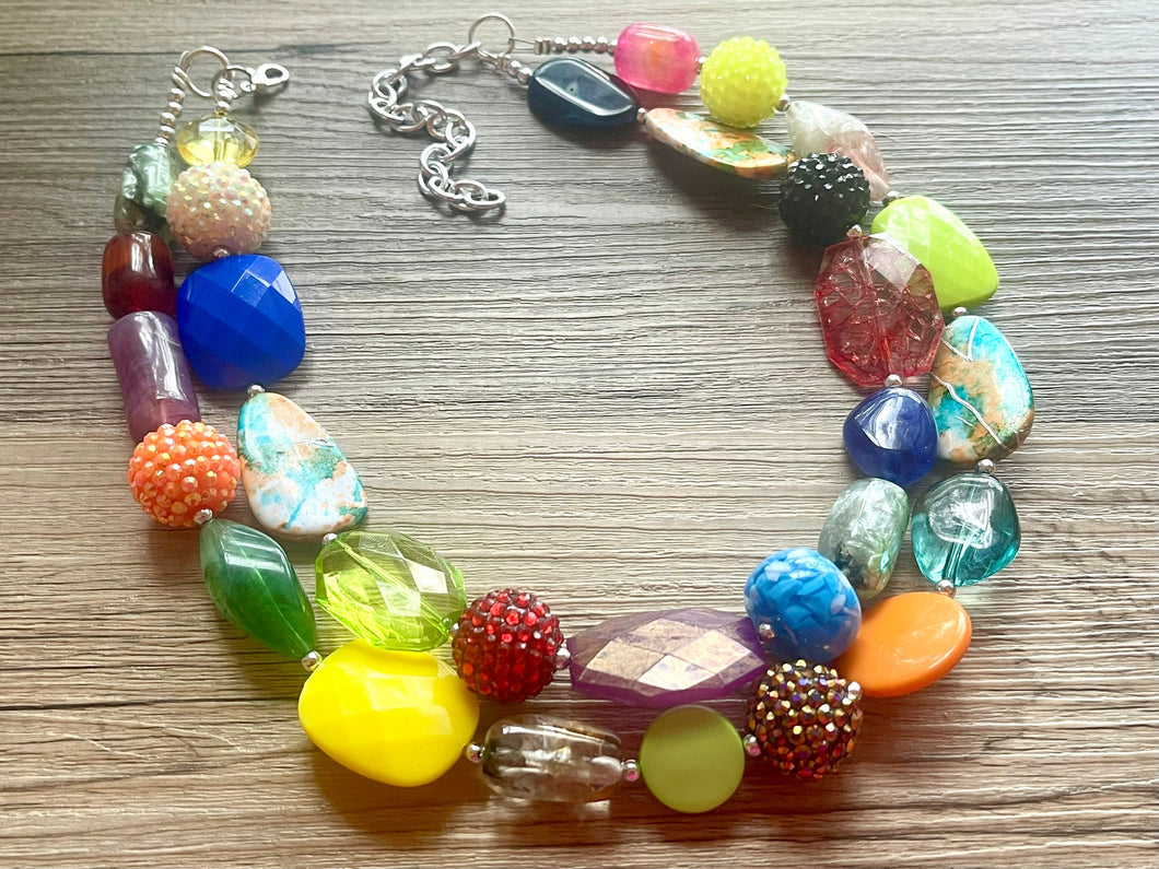 Tokyo Square Rainbow chunky necklace, Wanderlust Collection beaded jewelry, resin beaded Gray necklace, red yellow gray blue turquoise black