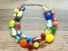 Load image into Gallery viewer, Tokyo Square Rainbow chunky necklace, Wanderlust Collection beaded jewelry, resin beaded Gray necklace, red yellow gray blue turquoise black