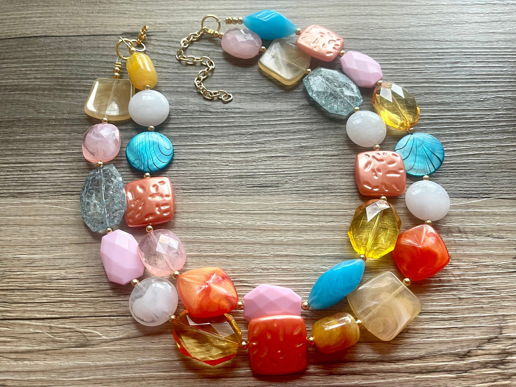 Barcelona Mosaic chunky necklace, Wanderlust Collection beaded jewelry, resin beaded Ombré necklace, purple pink blue gold resin