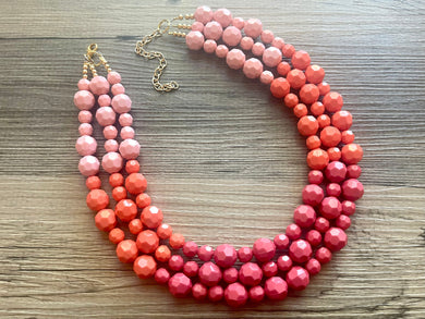 Coral Ombré Big Bead Necklace, 3 Strand Statement Jewelry, pink Chunky bib bridesmaid everyday jewelry orange beaded gold